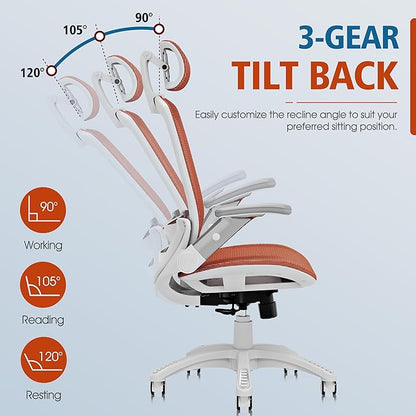 GABRYLLY Ergonomic Office Chair, High Back Home Desk Chair with Headrest, Flip-Up Arms, 90-120° Tilt Lock and Wide Cushion, 400LBS Mesh Chairs for Man Woman, White Task Chair(Orange,GY01WOR)