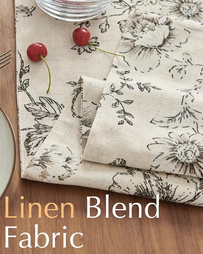 jinchan Black Floral Linen Table Runner 13 x 108 Inch Farmhouse | Vintage - Image 4
