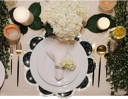 Washable Waterproof Diamond Circle Placemats for Round Tablescape Decor for Dinner and Kitchen Bling Placemats for Weddings & Special Events (Black)-4PCS