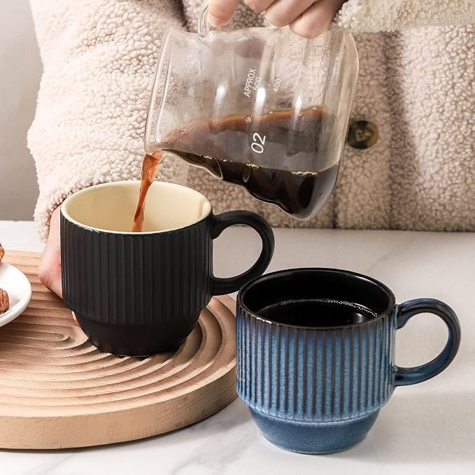 Hasense Black Coffee Mug Porcelain Set of 4 - 12 oz Stackable Coffee Cups - Image 6
