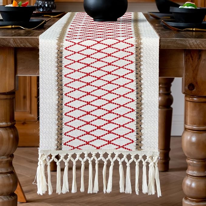 EMMTEEY Macrame Table Runner Boho Style 108 Inches Long, Hexagonal Red | - Image 5