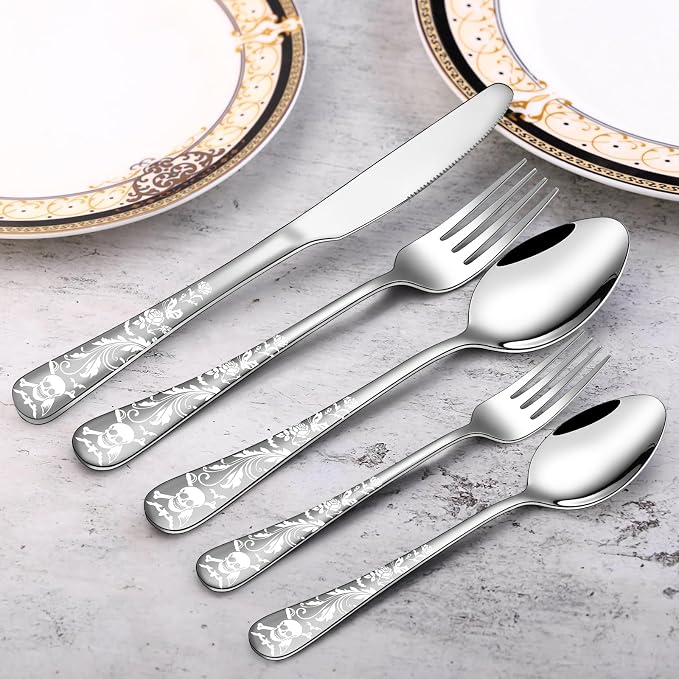Skull Pattern Silverware Set for 8, OIULO 40-Piece Pirate Pirate Rose Flatware - Image 5