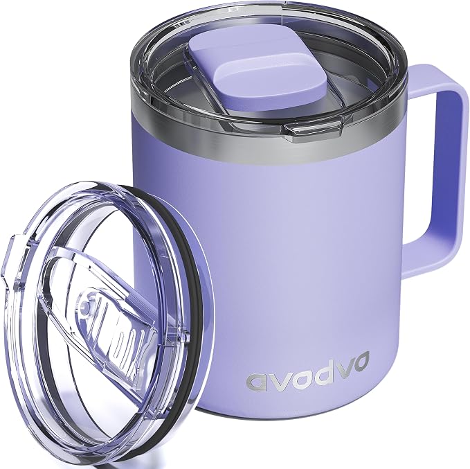 12oz Insulated Coffee Mug with Lid – Includes Two Lids, Stainless Steel Coffee by avodvo