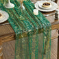 Artoid Mode 6PCS Green Gold Gauze Table Runner 120 Inch 10FT, Glitter Metallic Foil Sheer Dining Wedding Anniversary Holiday Table Decor for Home Party