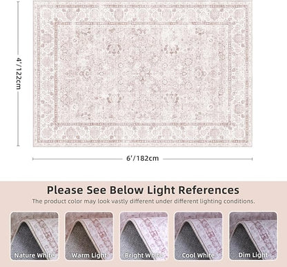 Light Pink 4x6 Rugs for Bedroom Nursery Rug Vintage Aesthetic Cute Boho Floral Washable Area Rug Indoor Carpet for Kids Room Playroom Living Room