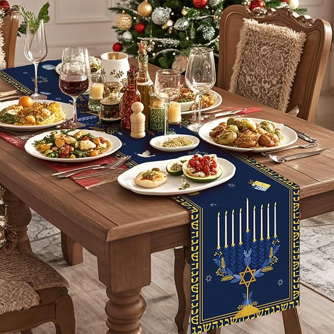 Hanukkah Burlap Table Runner Seasonal Kitchen Dining Linen Table Decoration - Image 3