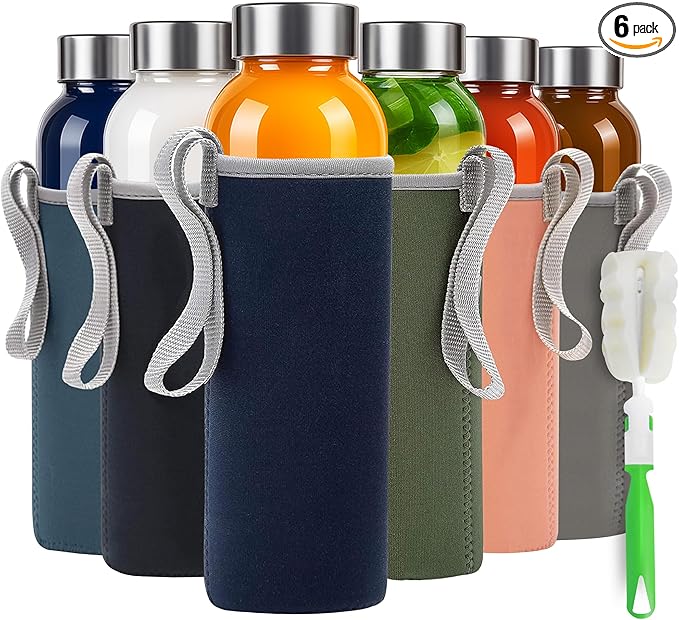 Epica Clear Glass Bottles with Lids, 18 oz Water Bottles, with sleeves | by Epica