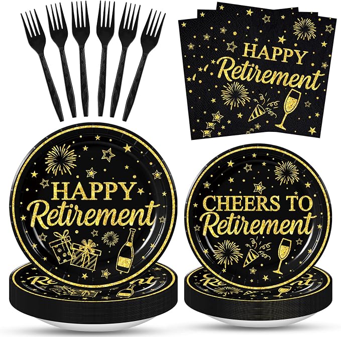 100 Pcs Happy Retirement Tableware Party Supplies Set, Serves 25 – Disposable by Merriva