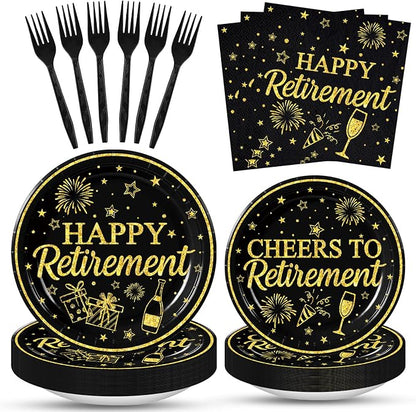 100 Pcs Happy Retirement Tableware Party Supplies Set, Serves 25 – Disposable by Merriva