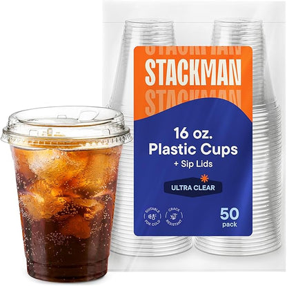 16 oz Clear Plastic Cups with Strawless Sip-Lids PET Crystal Clear Disposable by StackMan