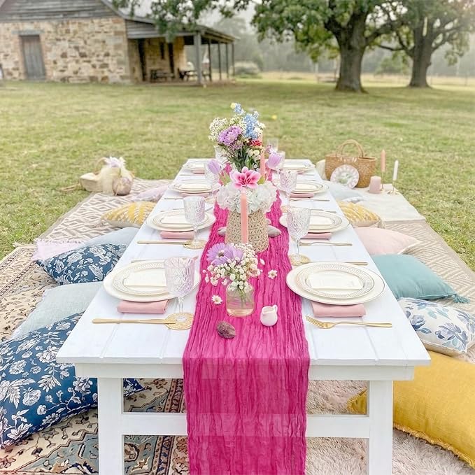10 Pack Hot Pink Cheesecloth Table Runner 17 x 108 Inch | Boho Gauze Fabric - Image 7