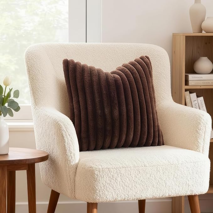 decorUhome Cozy Faux Fur Throw Pillow Covers 26x26 Set of 2 Decorative Soft Plush Striped Modern Farmhouse Boho Couch Euro Sham Pillow Cases with Velvet Back for Sofa Bed Living Room, Dark Brown