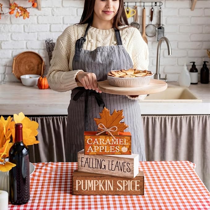 Moucuny 4 Pcs Fall Decor Wooden Maple Leaf Decoration Thanksgiving Tiered Tray - Image 7