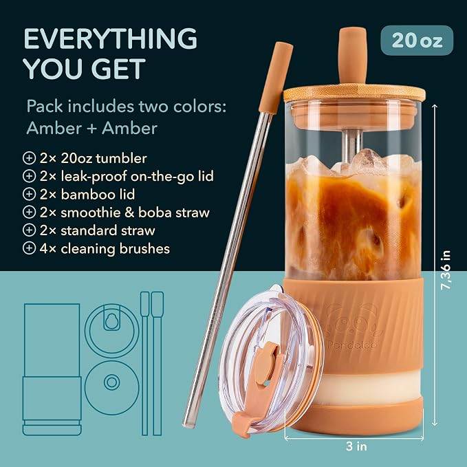 Pandaloo® Glass Cups With Lids and Straws -20 Fl Oz- Perfect Size Iced Coffee - Image 2