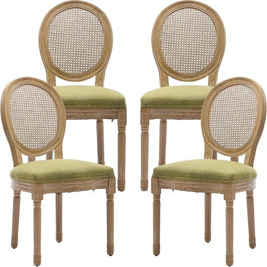 Vintage French Rattan Dining Chairs Set of 4, Round Back Accent Chairs with Rattan Backrest and Upholstered Linen Seat, Solid Frame Wood Sillas de Comedor for Dining Room & Kitchen, Olive Green