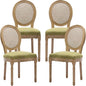 Vintage French Rattan Dining Chairs Set of 4, Round Back Accent Chairs with Rattan Backrest and Upholstered Linen Seat, Solid Frame Wood Sillas de Comedor for Dining Room & Kitchen, Olive Green