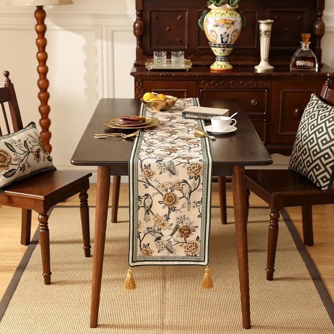 Designer French Linen Extra Long Table Runner, Floral and Bird Pattern - Image 6