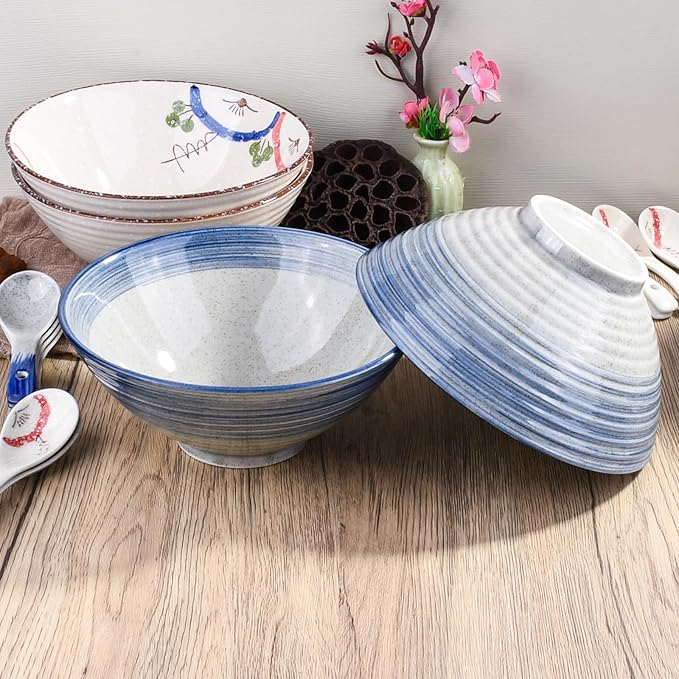 Ceramic Ramen Bowl Set of 2, 8.3" Blue Striped Japanese Noodle Bowls, Large - Image 3