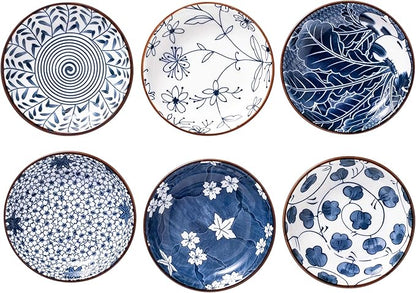 Japanese Style Ceramic Dipping Bowls,4'' Side Dishes Soy Sauce Dish for Sushi Dip,Snack,3 Oz Small Blue and White Pinch Bowl for Kitchen Prep - Set of 6 (4 inch)