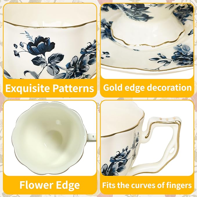 Tea Cups and Saucers Set, Porcelain Coffee Mugs, 8.4 OZ Vintage Coffee Cups - Image 3