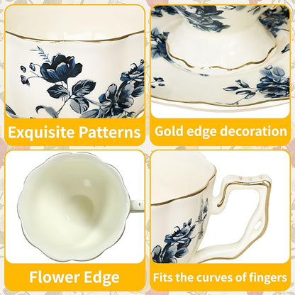 Tea Cups and Saucers Set, Porcelain Coffee Mugs, 8.4 OZ Vintage Coffee Cups - Image 3