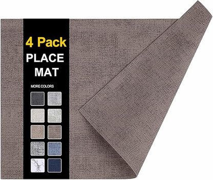 homing Faux Leather Heat Resistant Placemats 4 Packs, Waterproof Wipeable Dining PU Place Mats for Indoor & Outdoor, Easy to Clean, Brown