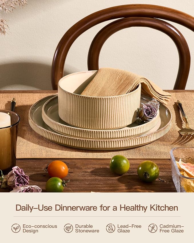 Dinnerware Set for 6, Ceramic Ribbed Plates, Dishes | 18-Piece Stoneware Dinner - Image 4