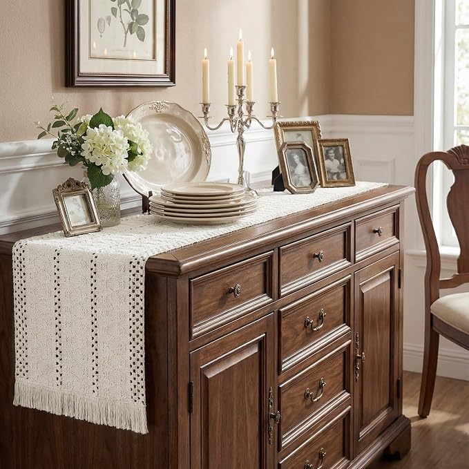 Boho Macrame Table Runner with Tassels 72in White Farmhouse Runner | Macrame - Image 7