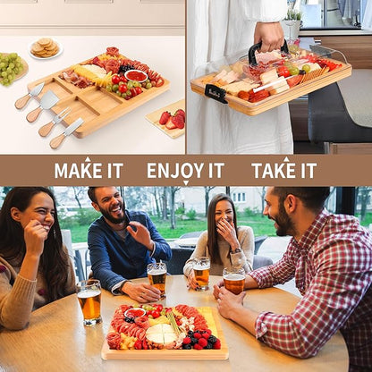 Charcuterie Board with Lid and Handle - Portable Travel Design Bamboo Cheese Board Set with 4 Cheese Tools, Gift for Housewarming, Weddings, Picnics (8 Compartments, Black)