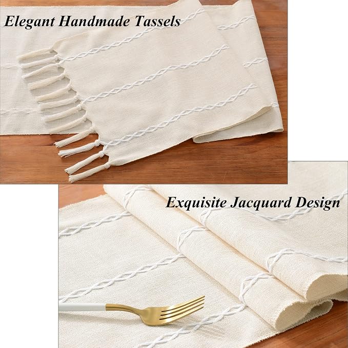 Wracra Rustic Linen Table Runner, Ivory Table Runners 36 inches Long | Raised - Image 2