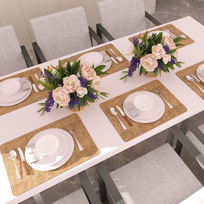 Maxpearl 8-Piece PU Leather Placemats – Durable, Heat Resistant & Wipeable Table Mats, Non-Slip and Waterproof Dining Place Mats for Kitchen or Patio Table, 17x12 Inches, Brown