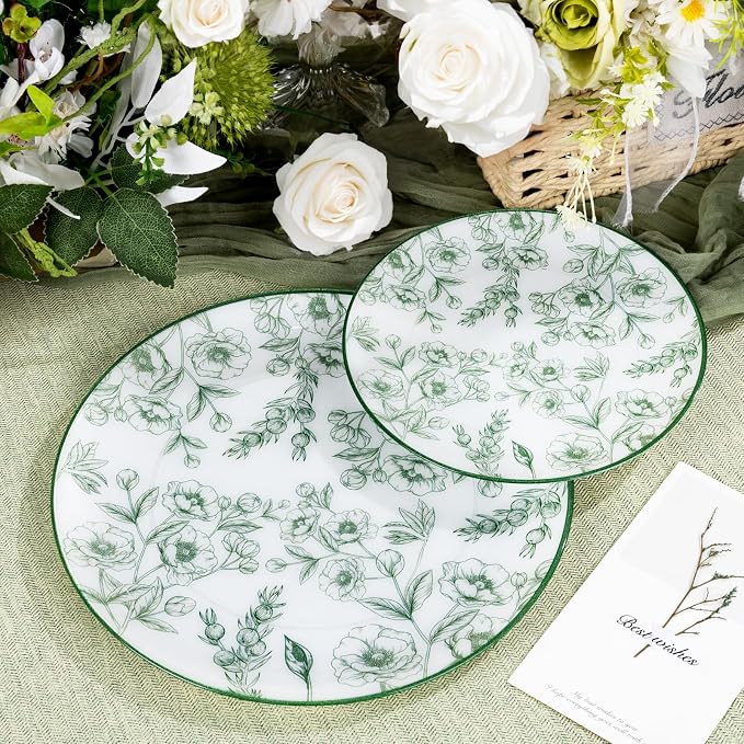 60PCS Green Floral Plastic Plates - Image 4