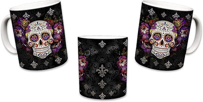 Sweet Gisele Sugar Skull Ceramic Mug, Floral Print Coffee Cup, Day of the Dead Design, Beautiful Vivid Colors, Great Novelty Gifts 11 Fl. Oz Black