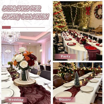 2 Pack Cheesecloth Table Runner, 120 Inch Burgundy Table Runner - Image 3