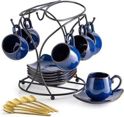 LYEOBOH 3oz Espresso Cups with Saucers, Small Coffee Cups Set of 6 with Spoons by LYEOBOH