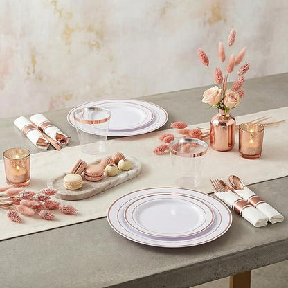 WELLIFE 350Pcs Rose Gold Plastic Plates for 50 Guests - Plastic Dinnerware Set,Party Supplies Includes 100 Rose Gold plates,150 Silverware,50 Napkins,50 Cups for Valentines and Galentines