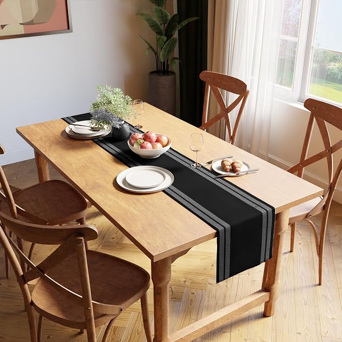 Encasa XO Table Runner, Yarn Dyed Ribbed Cotton 13"x72" | Ladder Black - Image 2