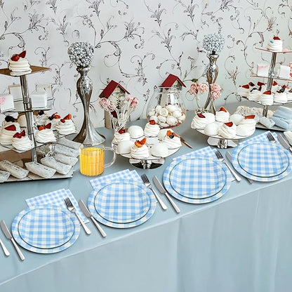 180Pcs Blue Gingham Party Supplies Paper Plates and Napkins Serve 60 - Image 7