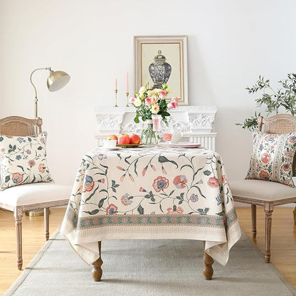 ISAENNE Designer Chinoiserie Linen Floral Rectangular Tablecloth,White Wrinkle Resistant Table Cloth,Elegant Decor Tablecloths for Dining Thanksgiving Kitchen Party Christmas,55"*87"-Daffy