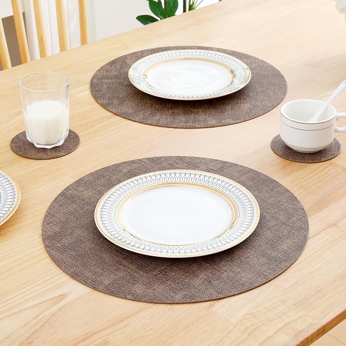 Homaxy Round Faux Leather Placemats and Coasters, Dark Brown | Washable - Image 7