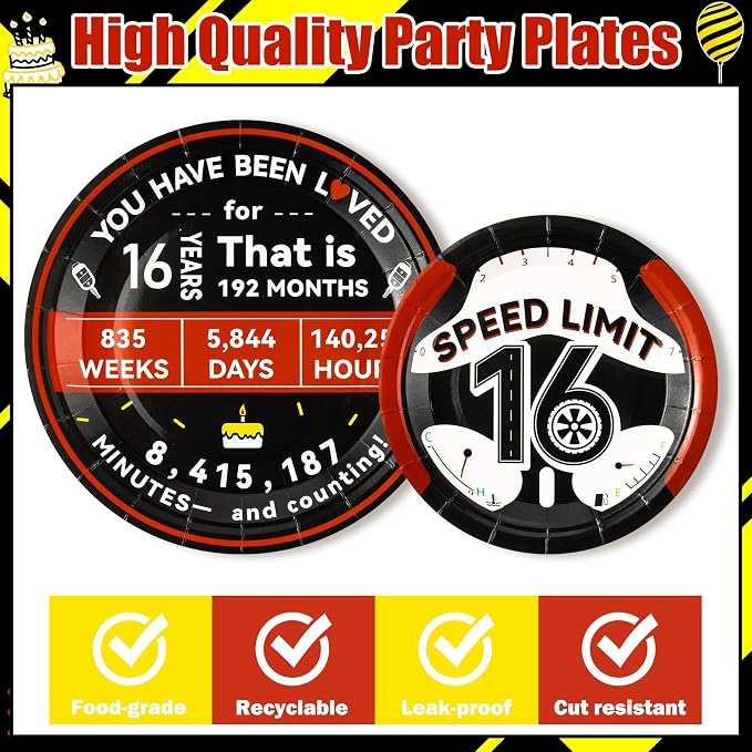 96Pcs 16th Drivers License 16 Years Old Warning Steering Wheel Party Plates - Image 3