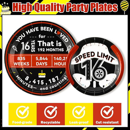 96Pcs 16th Drivers License 16 Years Old Warning Steering Wheel Party Plates - Image 3
