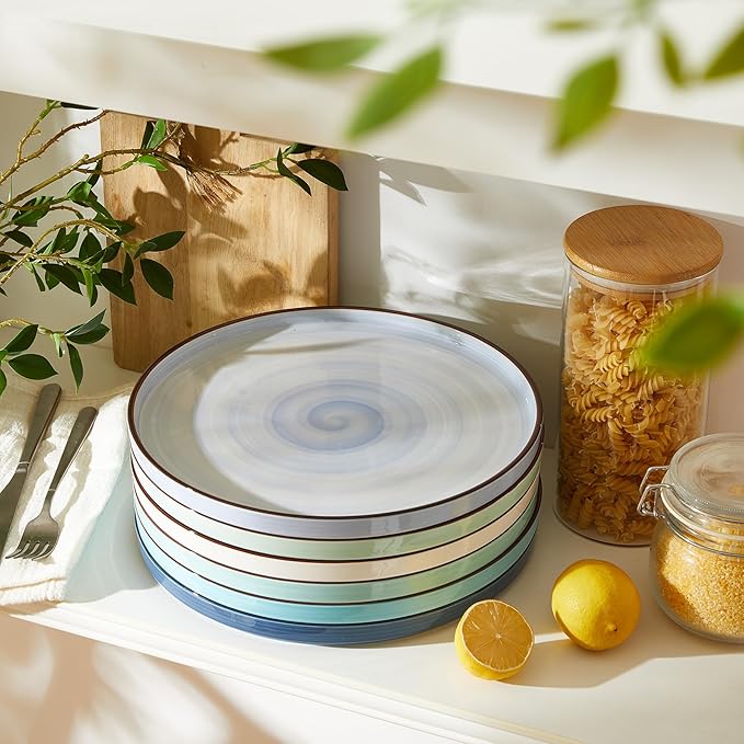 Sweese 10.5 Inch Porcelain Dinner Plates Set of 6, Gradient High Edge Dish Set - Dishwasher, Microwave, Oven Safe, Scratch Resistant, Kitchen Serving Dishes - Cool Assorted Colors