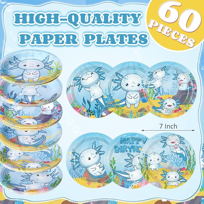 Gerrii 60 Pcs Axolotl Birthday Party Decorations 7 Inch Blue Axolotl Plates - Image 3