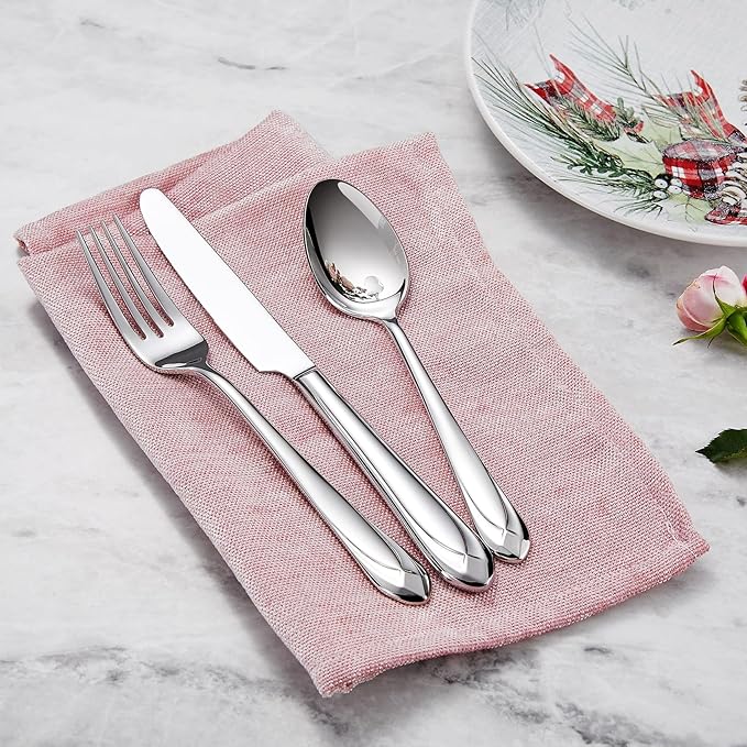 KEAWELL Premium Astra Flatware Set, 20-Piece Service for 4 Mirror-Finished 18/10 Stainless Steel Silverware, Modern Cutlery Dishwasher Safe for Meals and Gatherings (20, Silver)