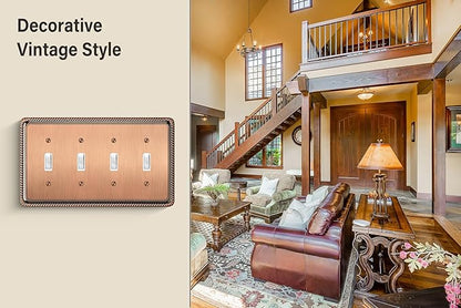 Henne Bery Rope Edge Decorative Wall Plate Switch Plate Outlet Cover (Quad Toggle, Antique Copper)