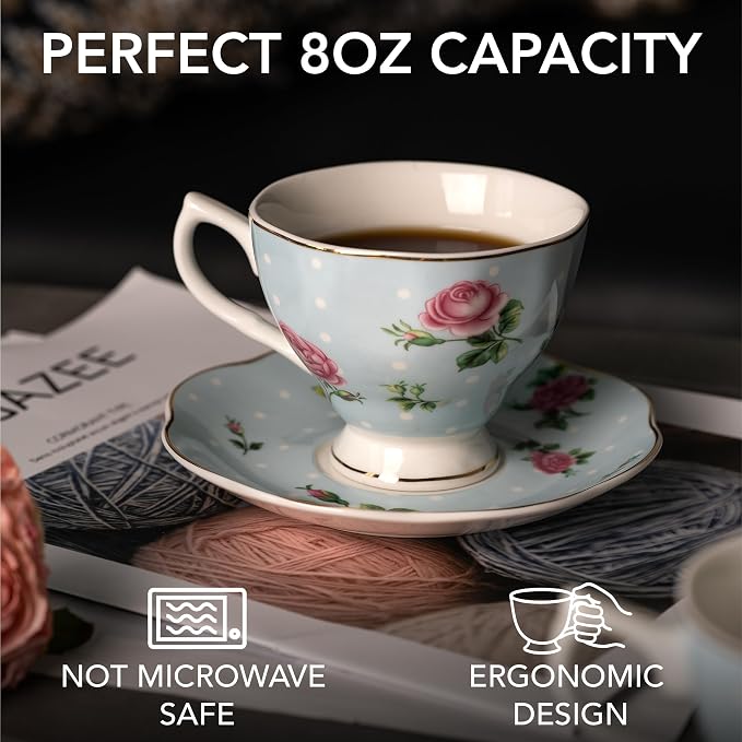 BTaT- Floral Tea Cups and Saucers, 8 oz, Fine Porcelain Teacup Set - Image 3