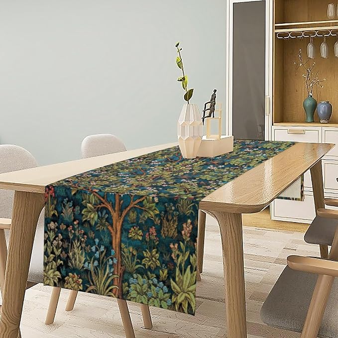 William Morris Floral Table Runner, Vintage Green Botanical Printed Table Runner - Image 2