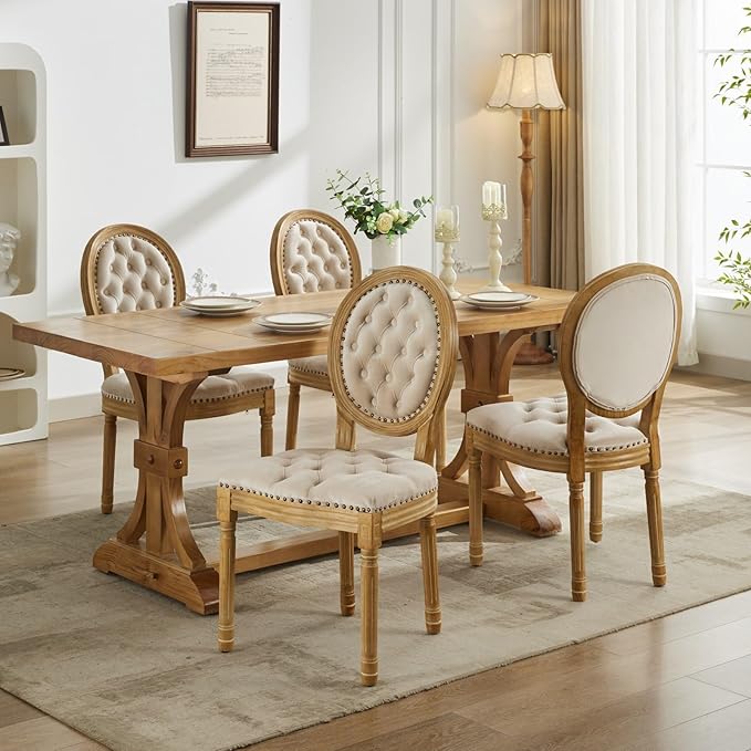 Vintage French Dining Chairs Set of 4, Round Back Velvet Upholstered Accent Chairs with Nailhead Trim and Solid Wood Frame, Elegant Sillas de Comedor for Dining Room & Kitchen, Beige