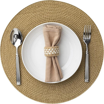 Round Placemats Set of 8 Plastic Woven Placemats Washable Wipeable Table Mats for Dining Table Heat Resistant Non-Slip Circle Place Mats (Tan)